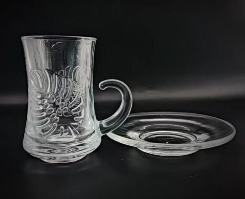 18PCS Factory Machine Made Glass Transparent Tea Cup With Handler Home Room Drinking Glass Tea Cup Set With Saucer