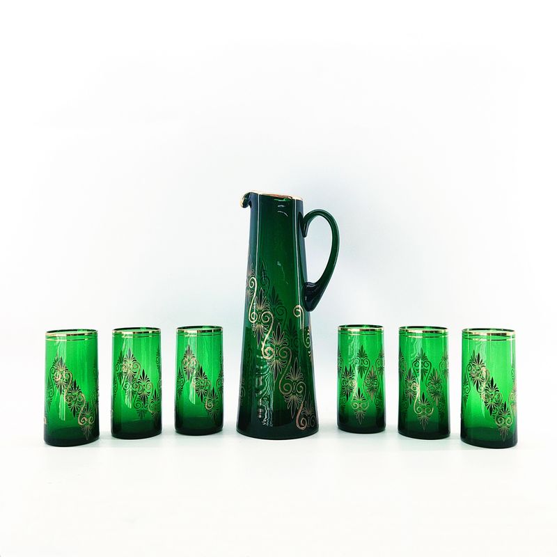 Green Glass Jug And Tumbler Set Premium Material Microwave Safe No
