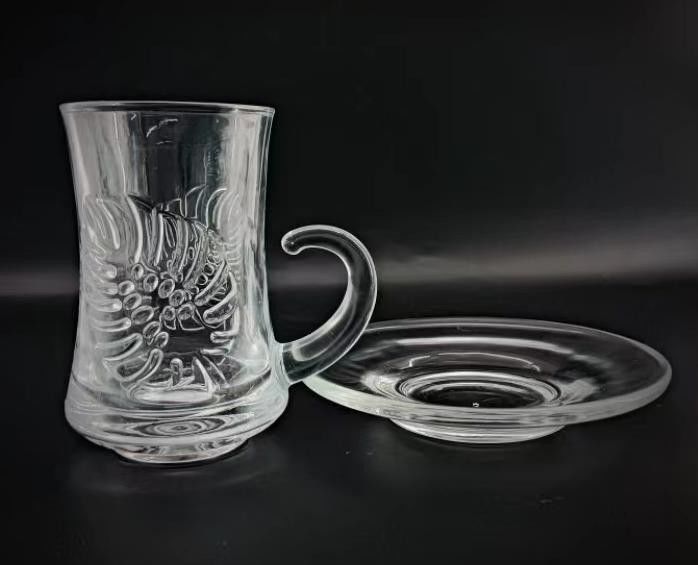 18PCS Factory Machine Made Glass Transparent Tea Cup With Handler Home Room Drinking Glass Tea Cup Set With Saucer